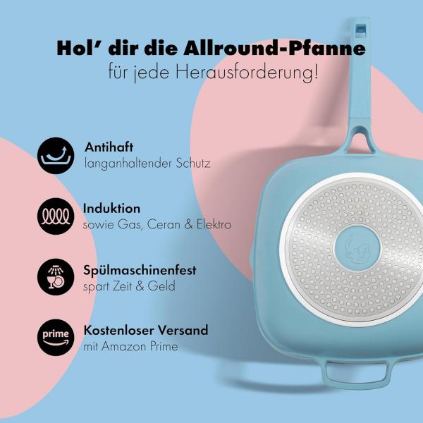 Bratpfanne 28cm beschichtete Pfanne Antihaft mit Deckel und Edelstahlsieb blau