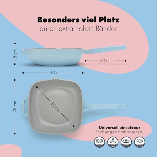 Bratpfanne 28cm beschichtete Pfanne Antihaft mit Deckel und Edelstahlsieb blau