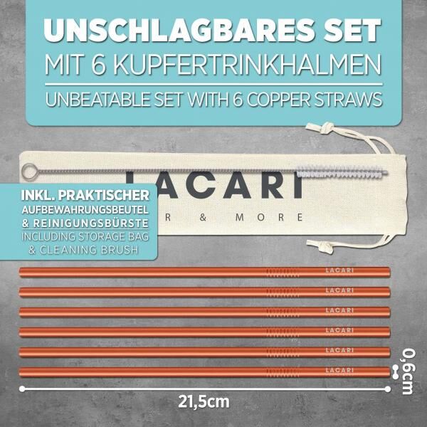 Lacari Kupfer Strohhalme 6er Set Trinkstrohhalme Kupfer Reinigungsbürste
