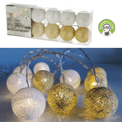 LED Lichterk. Cottonball, weiß/gold, 10LED, ca. 300cmL, 6cmD