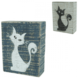 Dekorativer Holzblock Katze blau/weiß 15 cm 2 sortiert