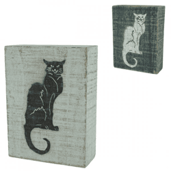 Dekorativer Holzblock Katze blau/weiß 15 cm 2 sortiert