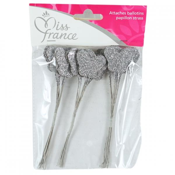 Miss France Ballonbinder Schmetterling mit Glitter silber 13 cm 36 Stück