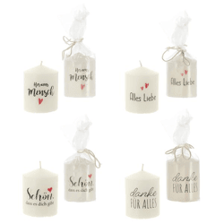 Pillar candle with saying 6x8cm Sort. 2 4/s