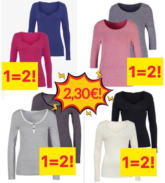 Ab 2,30 €/Pack Damen-T-Shirts 2er-Pack mit 3/4-Arm, neue Ware aus deutschen Katalogen, Größen 38–56, Lager Wiesbaden