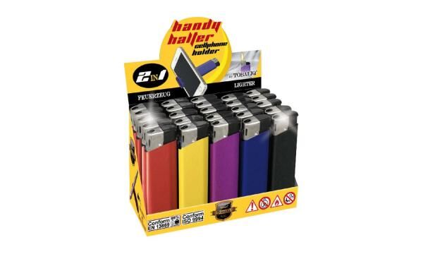 Fusion 2in1 - Feuerzeug mit Handyhalterung Sortiment - 25er Display