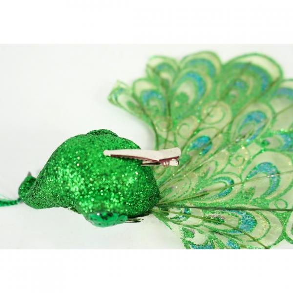 Peacock on clip glitter green 18 cm