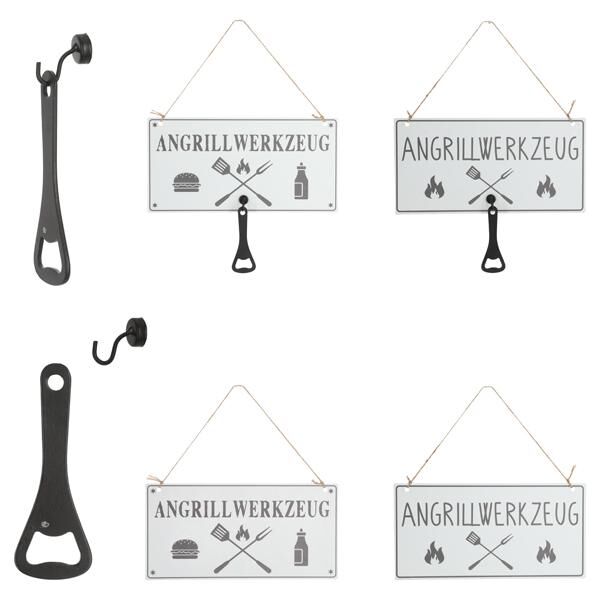 Blechschild Angrillwerkzeug mit Flaschen&ouml;ffner,2/s,28x14cm