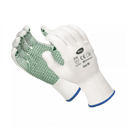 Sehr Hochwertige Feinstrickhandschuhe weiß mit grünen Vinyl Innenhandnoppen. Preis pro 12 Stück