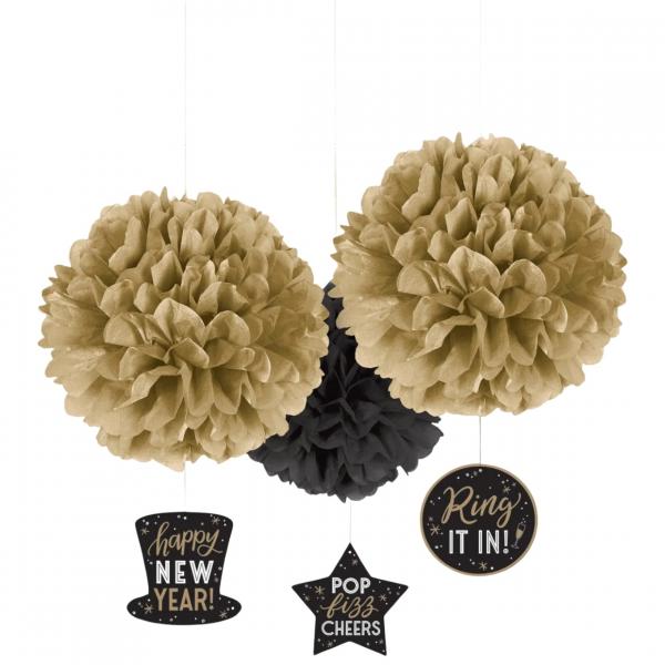 Deko-Anhänger Frohes Neues Jahr Pompon 40,6 cm 3er-Set