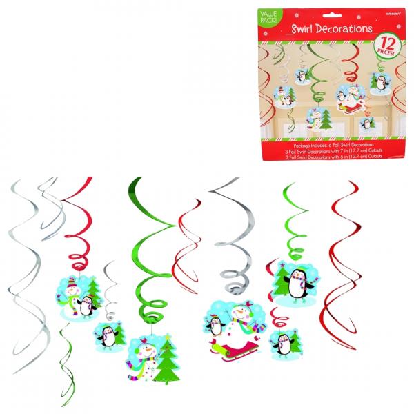 Spiralförmiger Anhänger Winterschneemann 61 cm 12er Set