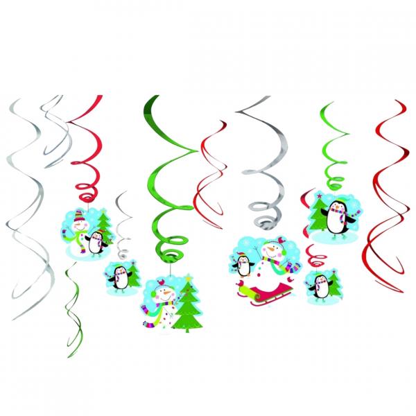 Spiralförmiger Anhänger Winterschneemann 61 cm 12er Set