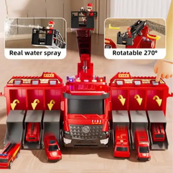 FireFighterz Interaktives Rettungs-Feuerwehrwagen-Set | Löschfahrzeug mit Wassersprühfunktion, um 270° drehbarer Leiter und 6 Mini-Fahrzeugen | Großhandel für Bildungsbedarf