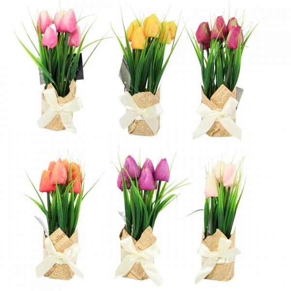 Künstliche Blumen Tulpen im Geschenkkarton 23 cm 6 Stück sortiert