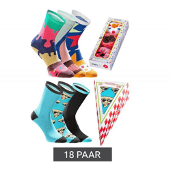 18 Paar TASTIQ Baumwoll-Socken mit Print lange Strümpfe in stylischer Geschenkbox Tas/1/CSX3 mit Pizza oder Donut Print