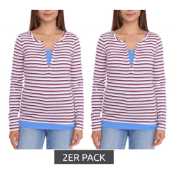 2er Pack AjC Damen Langarm-Shirt mit Spitze figurbetontes Baumwoll-Shirt 12726709 Weiß/Blau/Rot