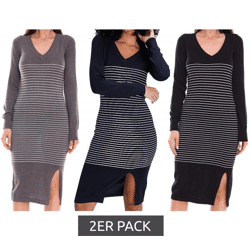 2er Pack AjC Damen Pullover-Kleid gestreift Midi-Kleid Strick-Kleid in Grau, Schwarz oder Blau