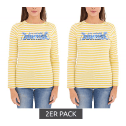 2er Pack AjC Damen Shirt gestreiftes Langarm-Shirt Baumwolle mit Sunrise-Front-Print Sparpack 67426709 Gelb/Weiß/Blau