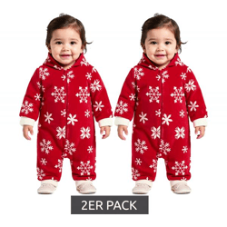 2er Pack Jumpsuit Kleinkinder Overall Fleece-Anzug mit Kapuze Schneeflocken-Design mit Reißverschluss Baby-Anzug 954927 Rot/Weiß
