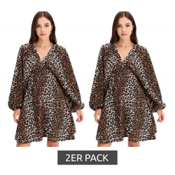 2er Pack wildes Damen Sommer-Kleid Animalprint-Kleid mit Ballonärmeln kurzes Mini-Kleid Sparpack 973887 Braun