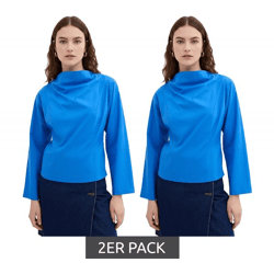 2er Sparpack Damen Baumwoll-Popeline-Bluse mit Wasserfallausschnitt Alltags-Bluse 925072 Blau