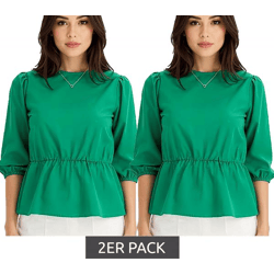 2er Sparpack Damen Bluse Rundhals-Bluse mit 3/4 Ärmeln und Taillengummi Baumwoll-Bluse 950069 Grün
