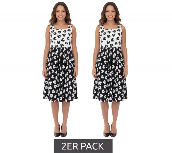 2er Sparpack Damen Sommer-Kleid mit grafischem Druck Baumwoll-Kleid ohne &Auml;rmel Midi-Kleid 948746 Wei&szlig;/Schwarz