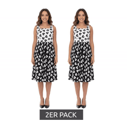 2er Sparpack Damen Sommer-Kleid mit grafischem Druck Baumwoll-Kleid ohne Ärmel Midi-Kleid 948746 Weiß/Schwarz