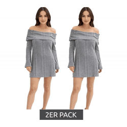 2er Sparpack Damen Strick-Kleid mit Bardot-Ausschnitt Mini-Kleid Schulterfrei 912333 Grau