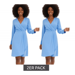 2er Sparpack Damen Wickel-Kleid mit Hemd-Kragen Midi-Kleid 967439 Blau