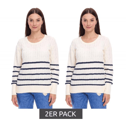 2er Sparpack DELMAO Damen Strick-Pullover gestreifter Baumwoll-Pulli Zopfstrick 94622740 Wollweiß/Navy 