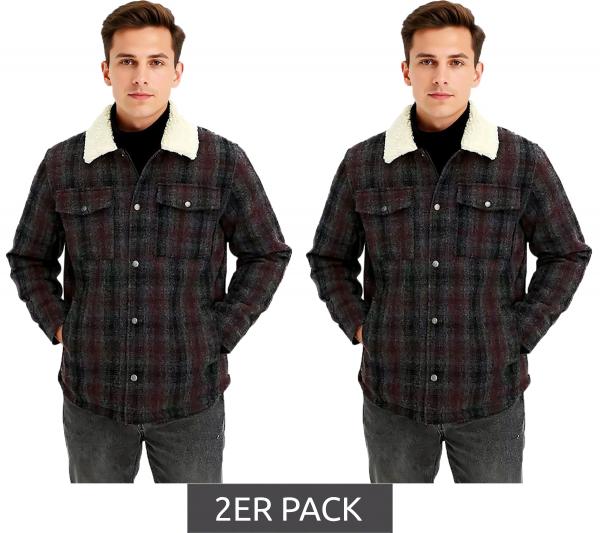 2er Sparpack Herren Hemd-Jacke Kunstfelljacke im Karo-Muster modisches Langarm-Hemd 957592 Schwarz/Grau/Rot