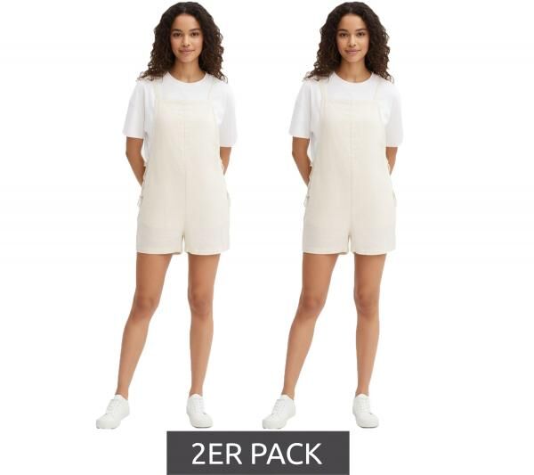 2er Sparpack kurzer Damen Jumpsuit mit Schn&uuml;rungen aus luftigem Leinen-Mix Sommer-Anzug 959903 Beige