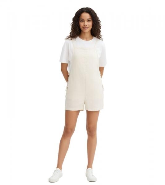 2er Sparpack kurzer Damen Jumpsuit mit Schn&uuml;rungen aus luftigem Leinen-Mix Sommer-Anzug 959903 Beige