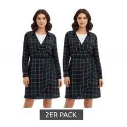 2er Sparpack weich fließendes Damen Mini-Kleid kariertes Wickel-Kleid mit Hemdkragen 914043 Blau