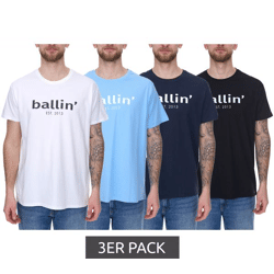 3er Pack Ballin Est. 2013 Herren nachhaltiges Baumwoll-Shirt mit Logo-Print auf der Front Kurzarm-Shirt SH-REG-H050 Weiß, Navy, Hellblau o