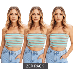 3er Sparpack gestreiftes Damen Bandeau Sommer-Top geripptes Baumwoll-Shirt 947519 Türkis