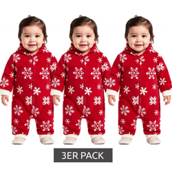 3er Sparpack Jumpsuit Kleinkinder Overall Fleece-Anzug mit Kapuze Schneeflocken-Design mit Reißverschluss Baby-Anzug 954927 Rot/Weiß