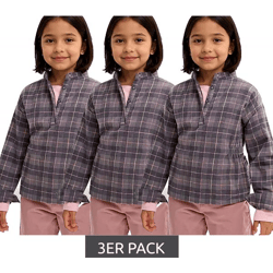 3er Sparpack Kinder Flanell-Bluse für Mädchen Baumwoll-Shirt mit Raffung an der Taille mit Knopfverschluss 930775 Grau/Rosa