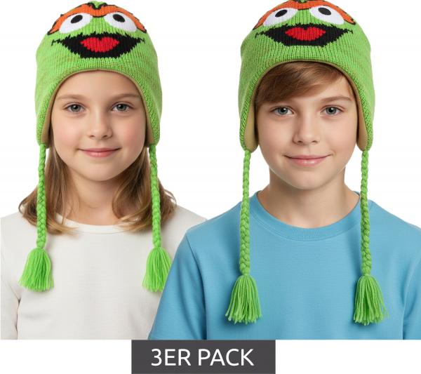 3er Sparpack Sesamstra&szlig;e Oskar aus der Tonne M&uuml;tze Kinder Beanie mit Z&ouml;pfen KC148220SES Gr&uuml;n