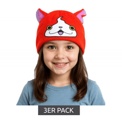 3er Sparpack Yo-kai Watch Jibanyan Beanie Strick-Mütze Kinder Kopfbedeckung mit Ohren KC472464YKW Orange/Pink