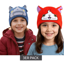 3er Sparpack Yo-kai Watch Jibanyan oder Robonyan Beanie Strick-Mütze Kinder Kopfbedeckung mit Ohren Orange/Pink oder Blau