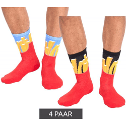 4 Paar TASTIQ Baumwoll-Socken mit Pommes-Print lange Strümpfe in stylischer Pommestüten-Geschenkbox TAS/1/CSX2/FRI Rot/Gelb/Schwarz/Hellb
