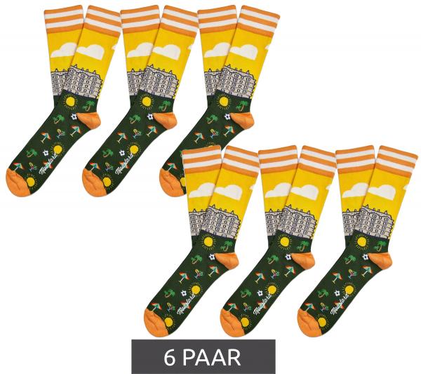 6 Paar Moustard Barcelona Herren Baumwoll-Socken mit Skyline von Barcelona Allover-Print gestreifte und gemusterte lange Strümpfe 17S-BCN 