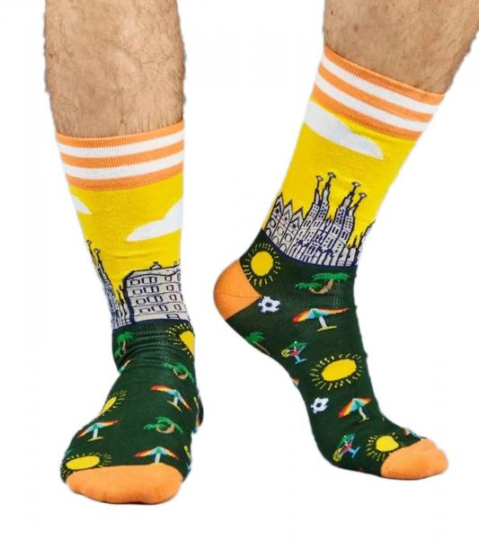 6 Paar Moustard Barcelona Herren Baumwoll-Socken mit Skyline von Barcelona Allover-Print gestreifte und gemusterte lange Strümpfe 17S-BCN 