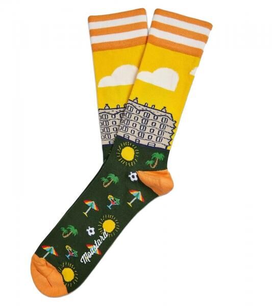 6 Paar Moustard Barcelona Herren Baumwoll-Socken mit Skyline von Barcelona Allover-Print gestreifte und gemusterte lange Strümpfe 17S-BCN 