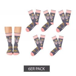 6 Paar Moustard Bengal Baumwoll-Socken mit bengalischem Tiger gemusterte lange Strümpfe 22S-BENGAL Grau/Rosa
