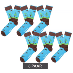 6 Paar Moustard Duckhunt Baumwoll-Socken mit Enten und Natur-Print gemusterte lange Strümpfe 22S-DUCK Blau/Grün/Braun