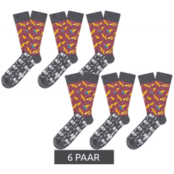 6 Paar Moustard Extinction Baumwoll-Socken mit Kometen und Dinosauriern gemusterte lange Strümpfe 18S-EXT Grau/Rosa/Bunt