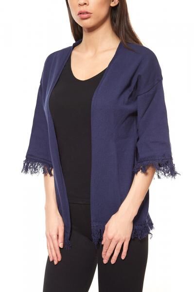 ashley brooke by heine Damen Strick-Jacke Blau mit Fransen